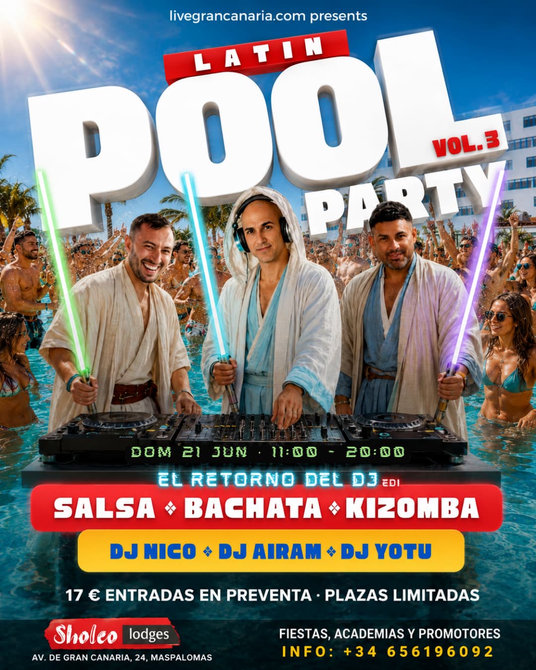 Latin Pool Party Flyer – Sholeo Lodges Maspalomas 21 June 2026