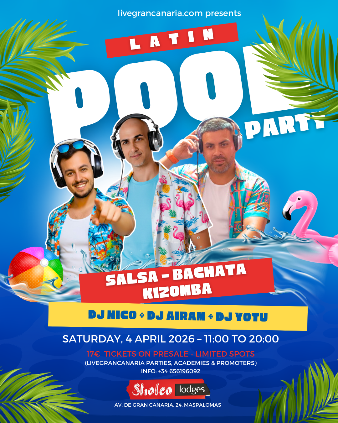 Latin Pool Party Flyer – Sholeo Lodges Maspalomas 4 April 2026